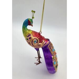 VTG Handcrafted Elegant Hanging Glass Peacock Christmas Ornament Rhinestones 7"L